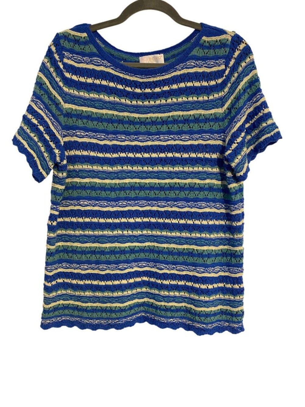 Belle Kim Gravel Women M Blue Striped Crochet Sweater Boho Scallop Short Sleeve